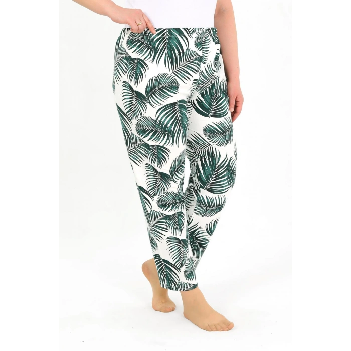 Moda Çizgi Kadın Pamuklu Büyük Beden Alt Pijama Yeşil 27563