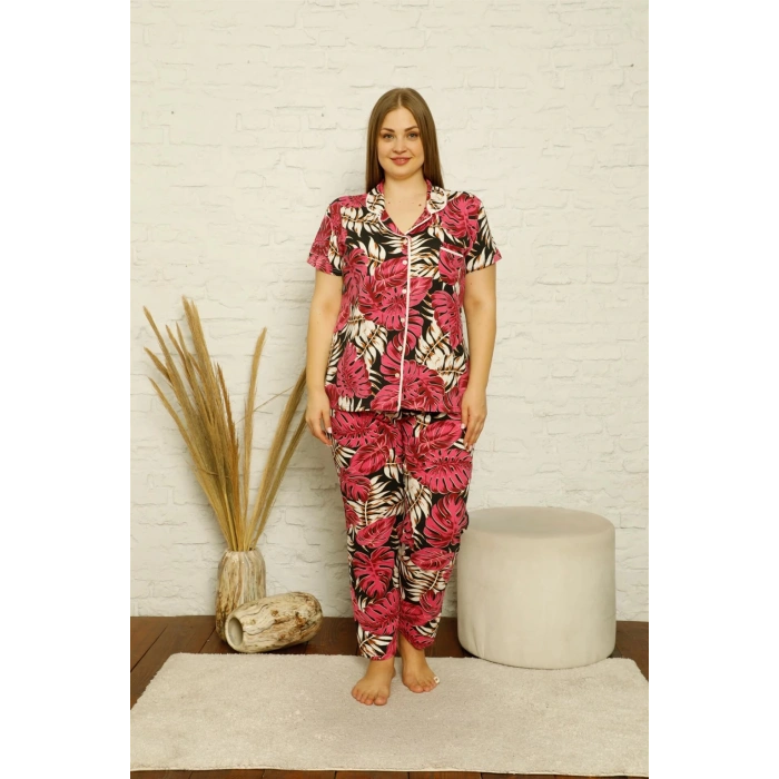 Moda Çizgi Kadın Pamuklu Cepli Kısa Kol Büyük Beden Pijama Takım 202122