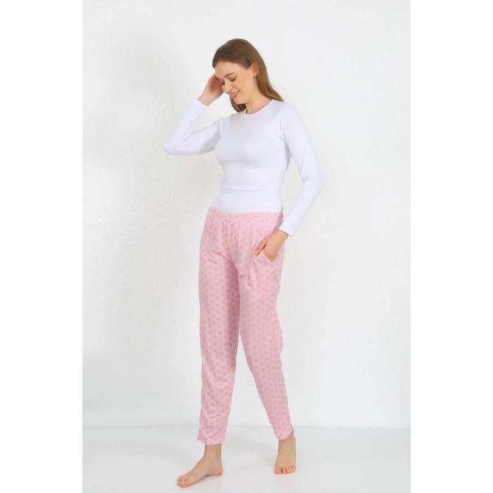 Moda Çizgi Kadın Pamuklu Cepli Tek Alt Pijama Pembe 27527