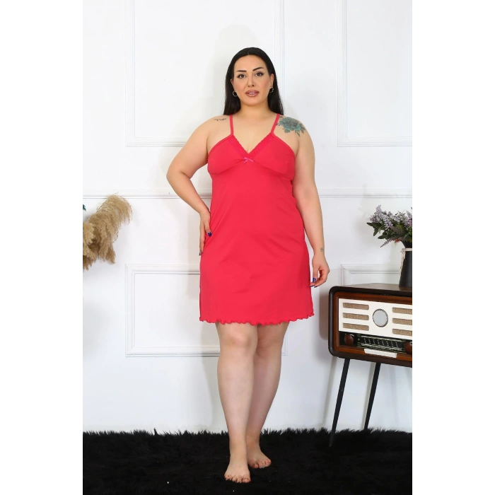 Moda Çizgi Kadın Pamuklu Fuşya İp Askılı  Büyük Beden Gecelik 1021