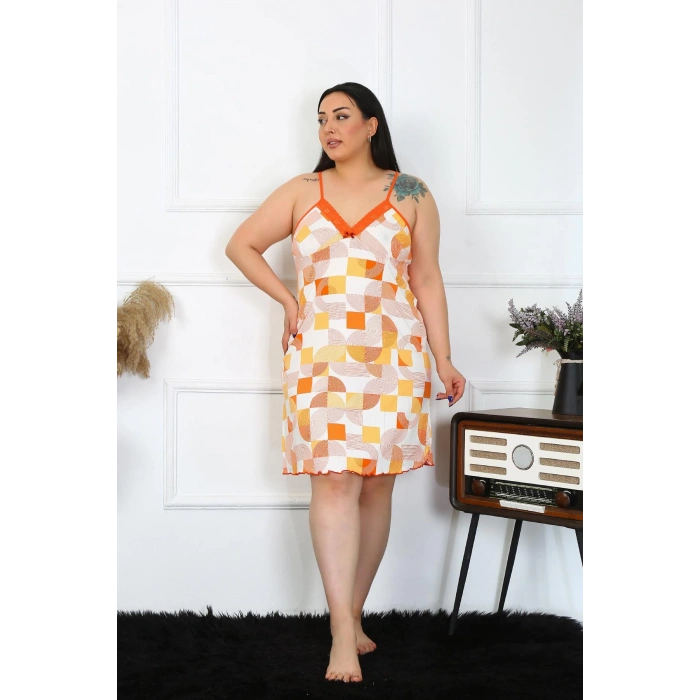 Moda Çizgi Kadın Pamuklu İp Askılı Büyük Beden Gecelik 1027