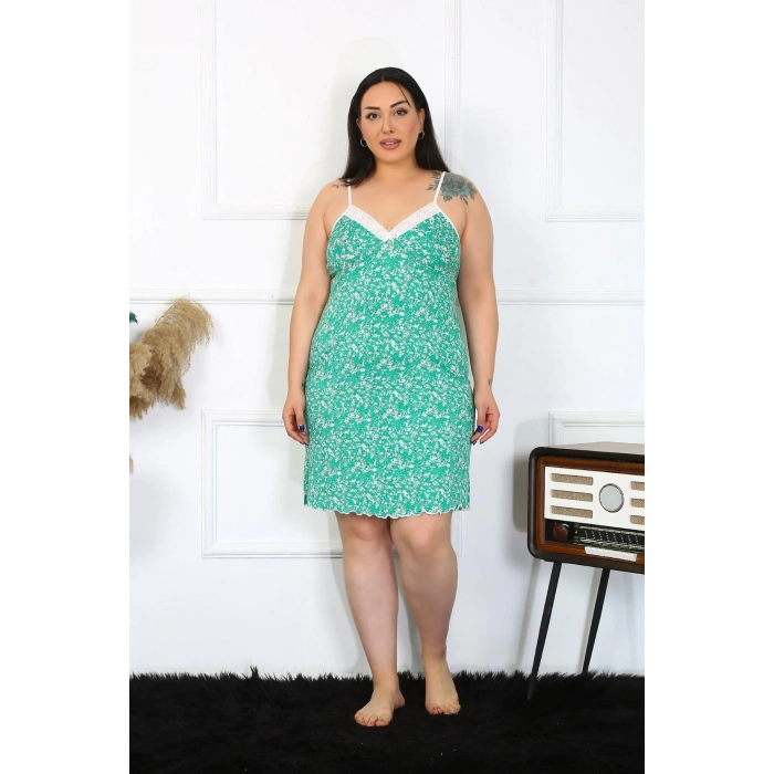 Moda Çizgi Kadın Pamuklu İp Askılı Büyük Beden Gecelik 1028