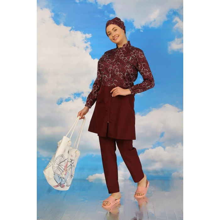 Moda Çizgi Kadın Pantolonlu Desenli Tam Tesettür Mayo Bordo 31075