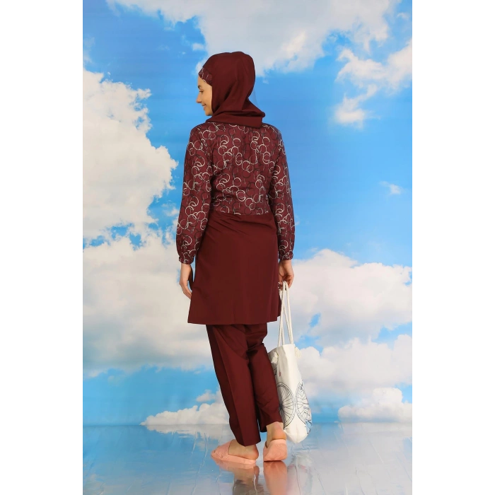 Moda Çizgi Kadın Pantolonlu Desenli Tam Tesettür Mayo Bordo 31075