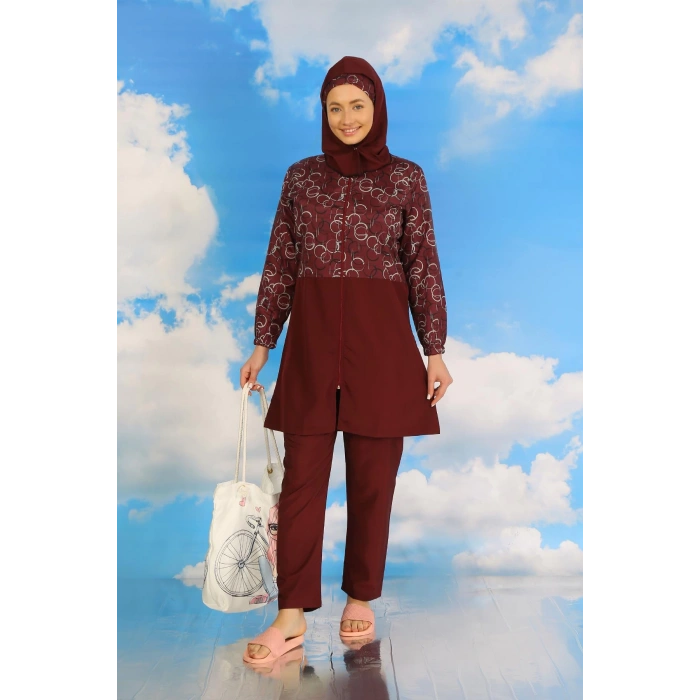 Moda Çizgi Kadın Pantolonlu Desenli Tam Tesettür Mayo Bordo 31075