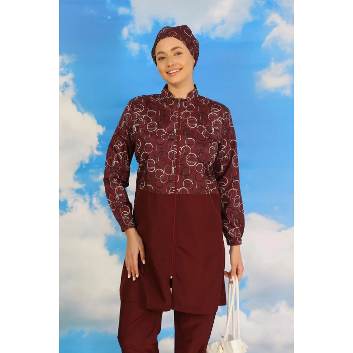 Moda Çizgi Kadın Pantolonlu Desenli Tam Tesettür Mayo Bordo 31075