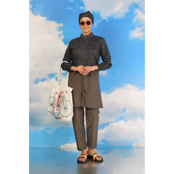 Moda Çizgi Kadın Pantolonlu Desenli Tam Tesettür Mayo Füme 31074