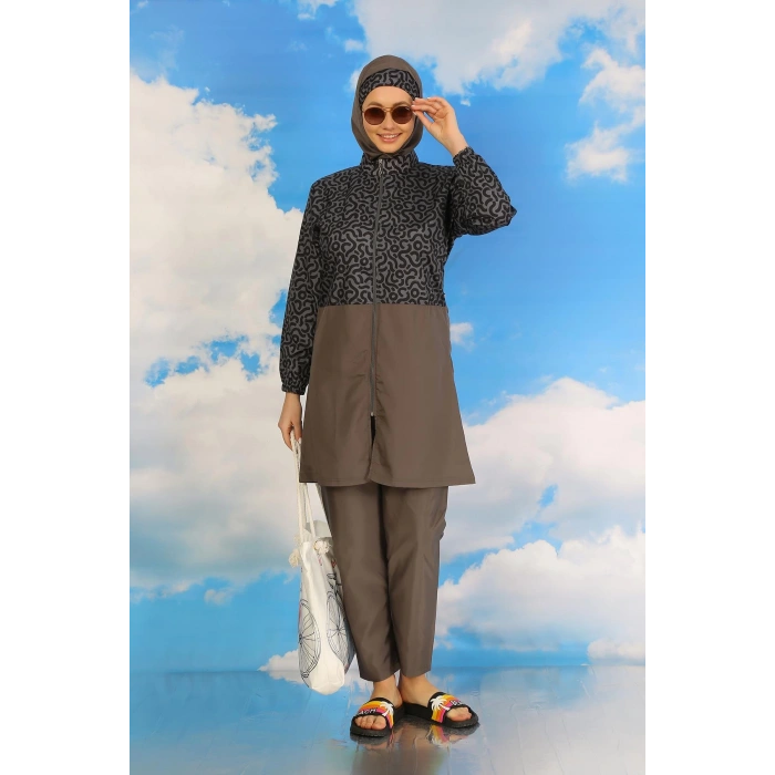 Moda Çizgi Kadın Pantolonlu Desenli Tam Tesettür Mayo Füme 31074