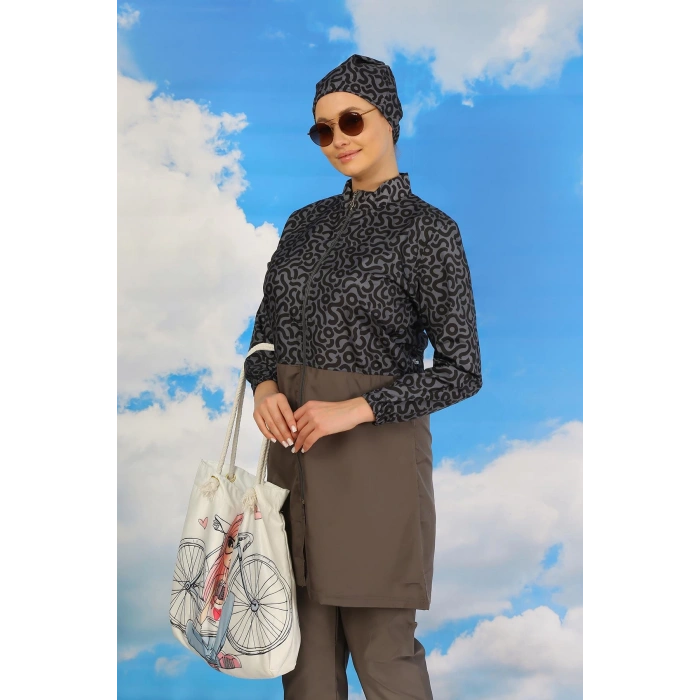 Moda Çizgi Kadın Pantolonlu Desenli Tam Tesettür Mayo Füme 31074