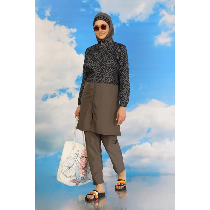 Moda Çizgi Kadın Pantolonlu Desenli Tam Tesettür Mayo Füme 31074