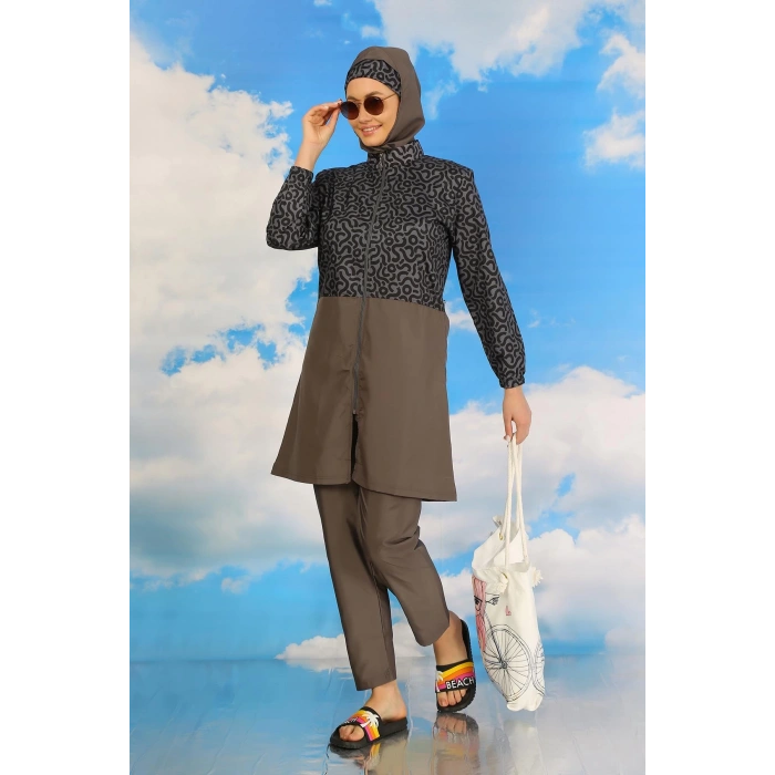 Moda Çizgi Kadın Pantolonlu Desenli Tam Tesettür Mayo Füme 31074