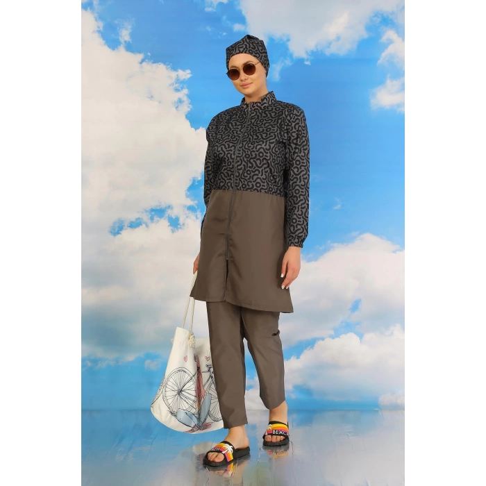 Moda Çizgi Kadın Pantolonlu Desenli Tam Tesettür Mayo Füme 31074