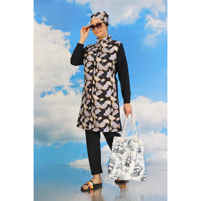 Moda Çizgi Kadın Pantolonlu Desenli Tam Tesettür Mayo Lacivert 31070