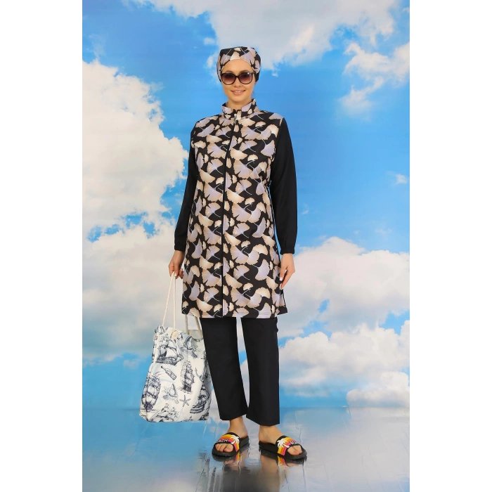 Moda Çizgi Kadın Pantolonlu Desenli Tam Tesettür Mayo Lacivert 31070