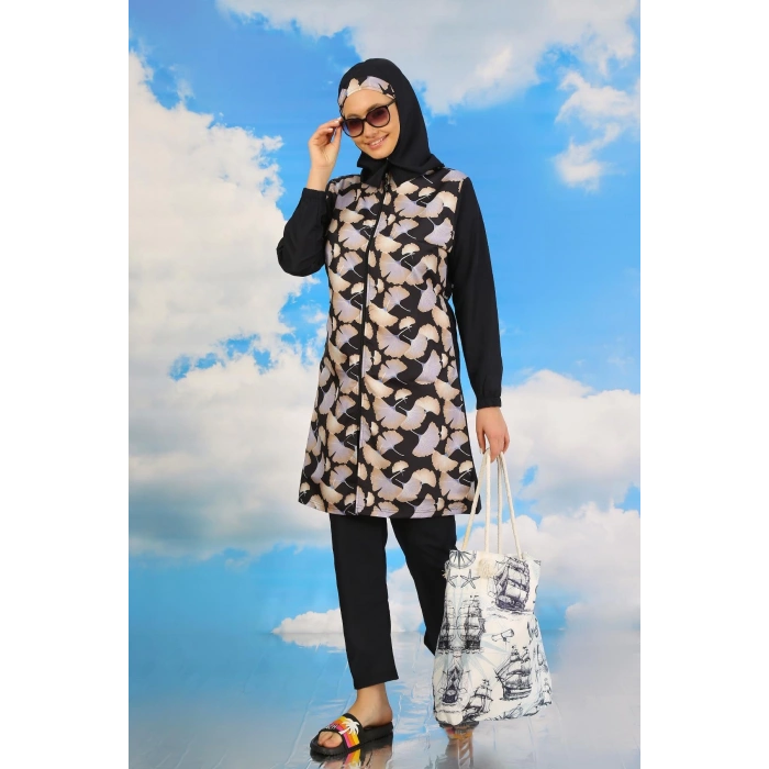 Moda Çizgi Kadın Pantolonlu Desenli Tam Tesettür Mayo Lacivert 31070