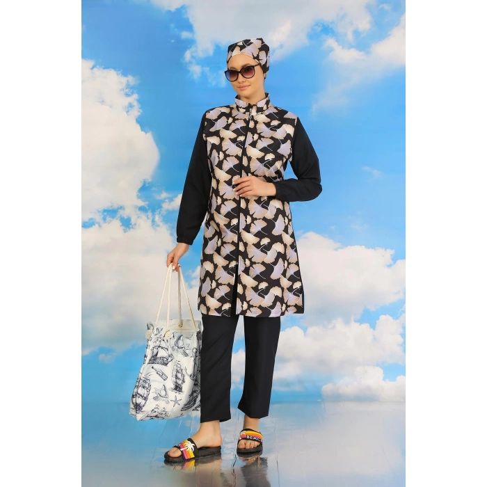 Moda Çizgi Kadın Pantolonlu Desenli Tam Tesettür Mayo Lacivert 31070