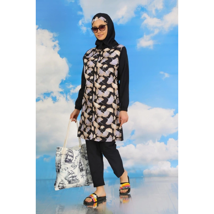 Moda Çizgi Kadın Pantolonlu Desenli Tam Tesettür Mayo Lacivert 31070