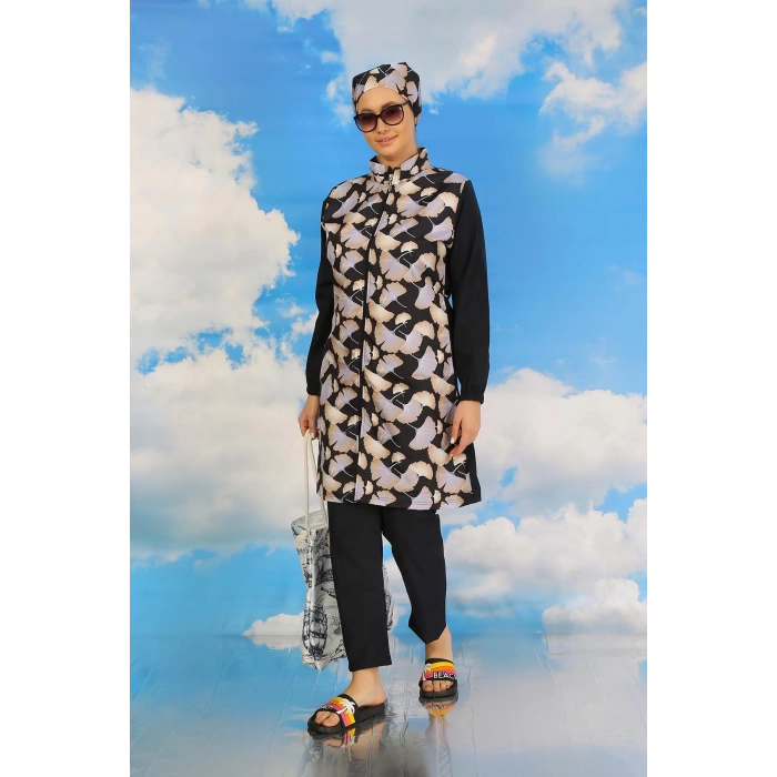 Moda Çizgi Kadın Pantolonlu Desenli Tam Tesettür Mayo Lacivert 31070