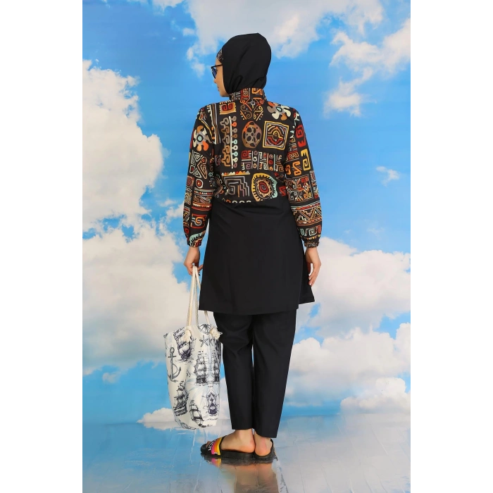 Moda Çizgi Kadın Pantolonlu Desenli Tam Tesettür Mayo Lacivert 31074