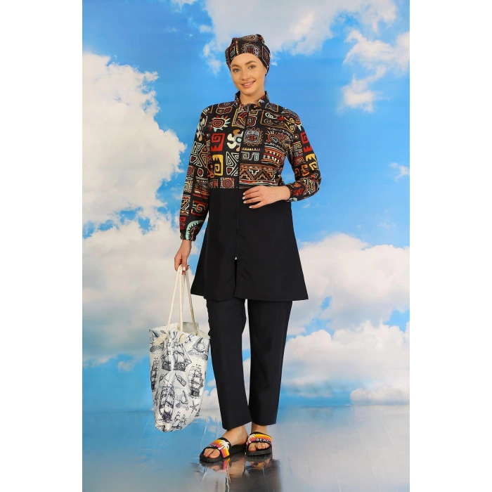 Moda Çizgi Kadın Pantolonlu Desenli Tam Tesettür Mayo Lacivert 31074