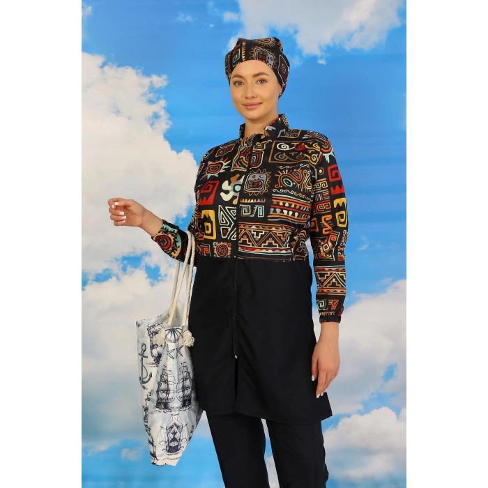 Moda Çizgi Kadın Pantolonlu Desenli Tam Tesettür Mayo Lacivert 31074