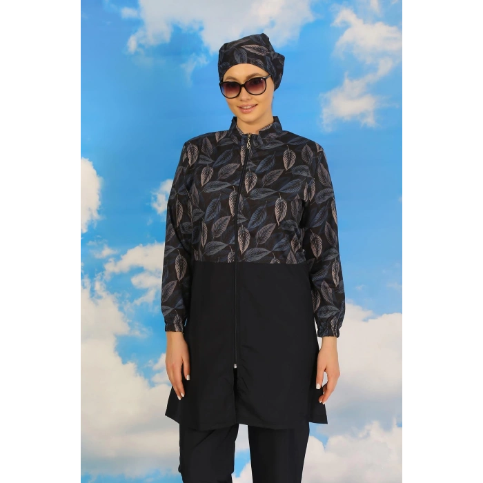 Moda Çizgi Kadın Pantolonlu Desenli Tam Tesettür Mayo Lacivert 31075