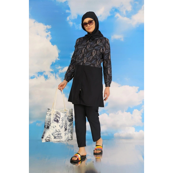 Moda Çizgi Kadın Pantolonlu Desenli Tam Tesettür Mayo Lacivert 31075