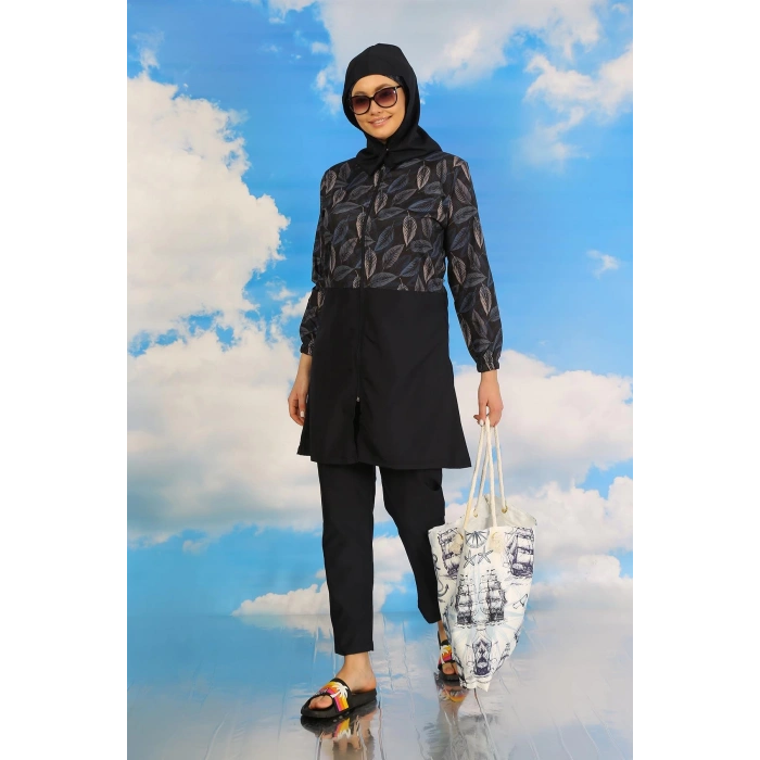 Moda Çizgi Kadın Pantolonlu Desenli Tam Tesettür Mayo Lacivert 31075