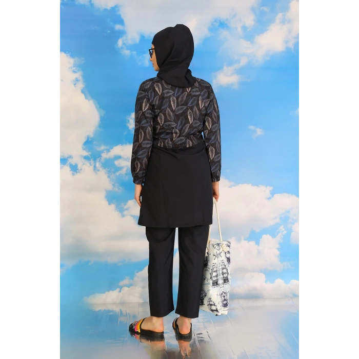 Moda Çizgi Kadın Pantolonlu Desenli Tam Tesettür Mayo Lacivert 31075