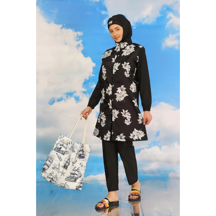 Moda Çizgi Kadın Pantolonlu Desenli Tam Tesettür Mayo Siyah 31070