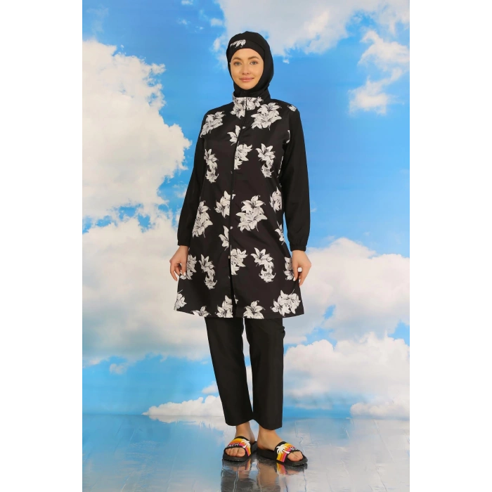 Moda Çizgi Kadın Pantolonlu Desenli Tam Tesettür Mayo Siyah 31070