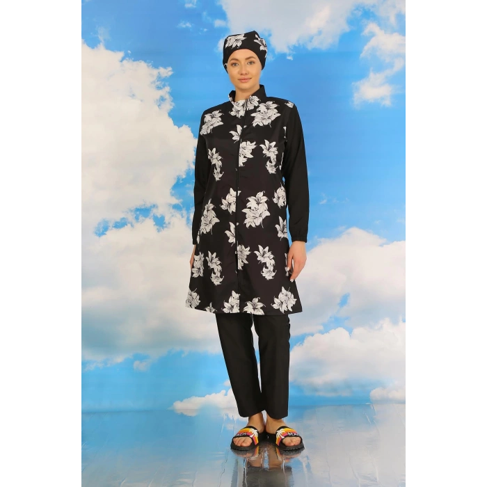 Moda Çizgi Kadın Pantolonlu Desenli Tam Tesettür Mayo Siyah 31070