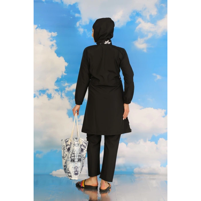 Moda Çizgi Kadın Pantolonlu Desenli Tam Tesettür Mayo Siyah 31070
