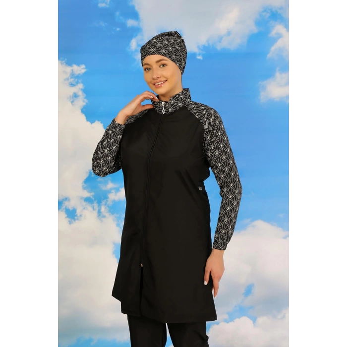 Moda Çizgi Kadın Pantolonlu Desenli Tam Tesettür Mayo Siyah 31072