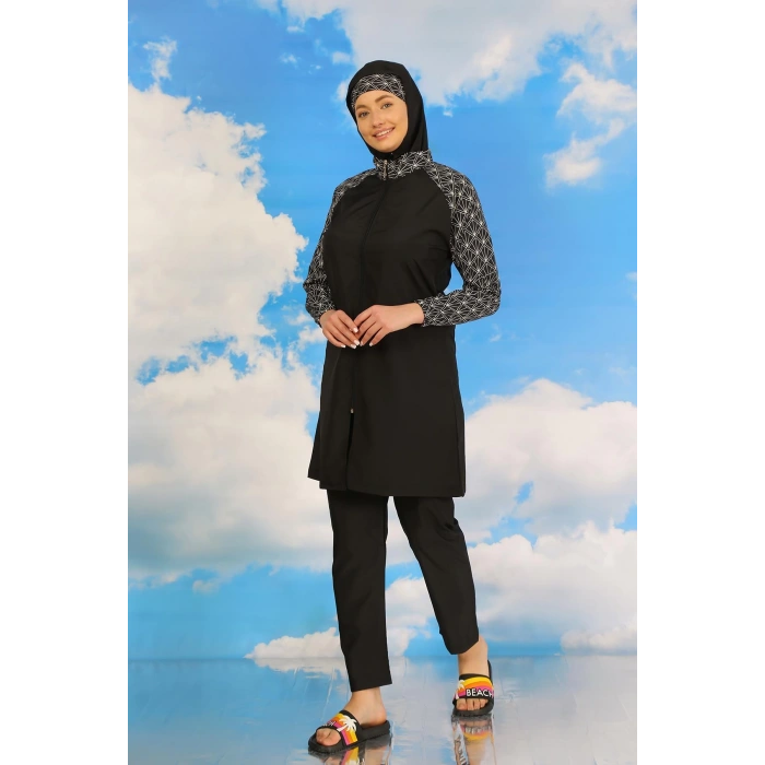 Moda Çizgi Kadın Pantolonlu Desenli Tam Tesettür Mayo Siyah 31072