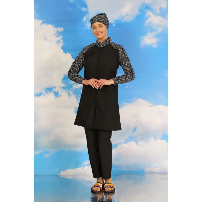 Moda Çizgi Kadın Pantolonlu Desenli Tam Tesettür Mayo Siyah 31072