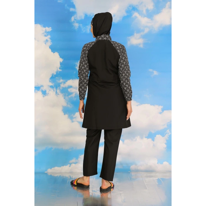Moda Çizgi Kadın Pantolonlu Desenli Tam Tesettür Mayo Siyah 31072
