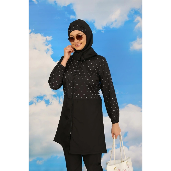 Moda Çizgi Kadın Pantolonlu Desenli Tam Tesettür Mayo Siyah 31074