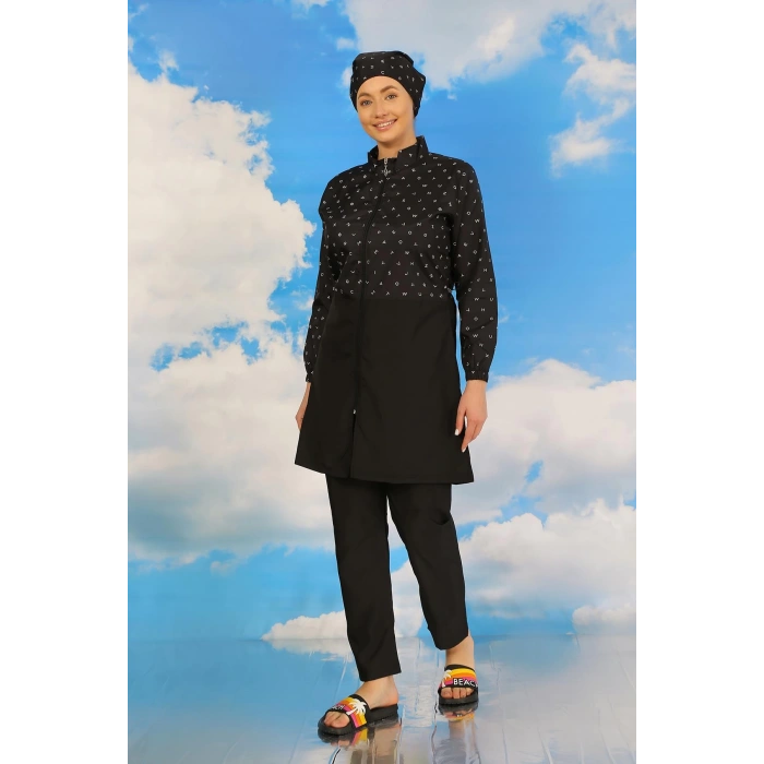 Moda Çizgi Kadın Pantolonlu Desenli Tam Tesettür Mayo Siyah 31074