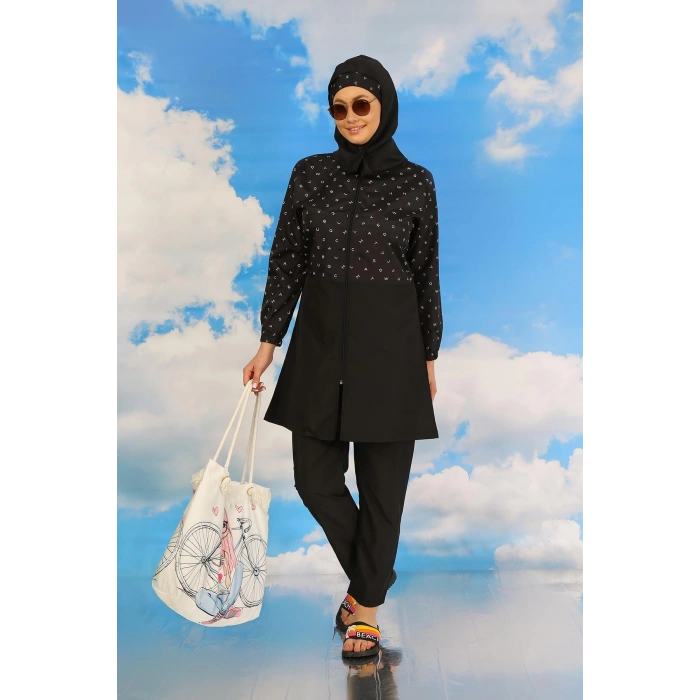 Moda Çizgi Kadın Pantolonlu Desenli Tam Tesettür Mayo Siyah 31074