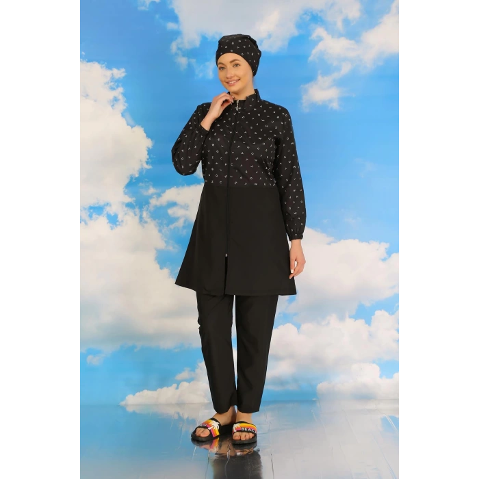Moda Çizgi Kadın Pantolonlu Desenli Tam Tesettür Mayo Siyah 31074