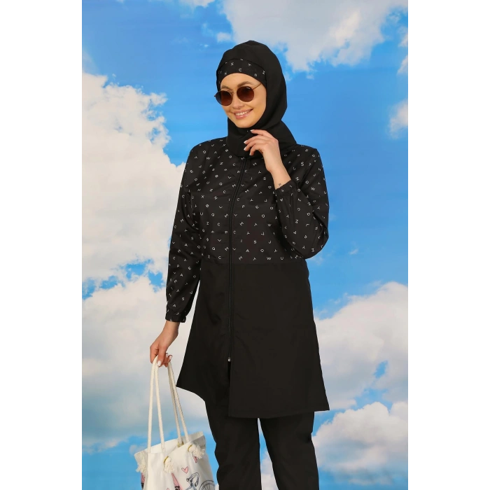 Moda Çizgi Kadın Pantolonlu Desenli Tam Tesettür Mayo Siyah 31074