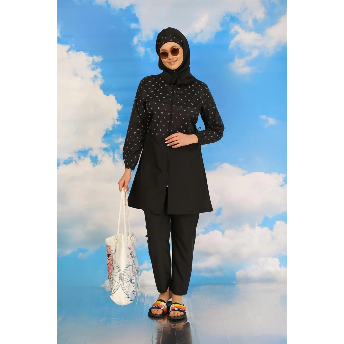 Moda Çizgi Kadın Pantolonlu Desenli Tam Tesettür Mayo Siyah 31074