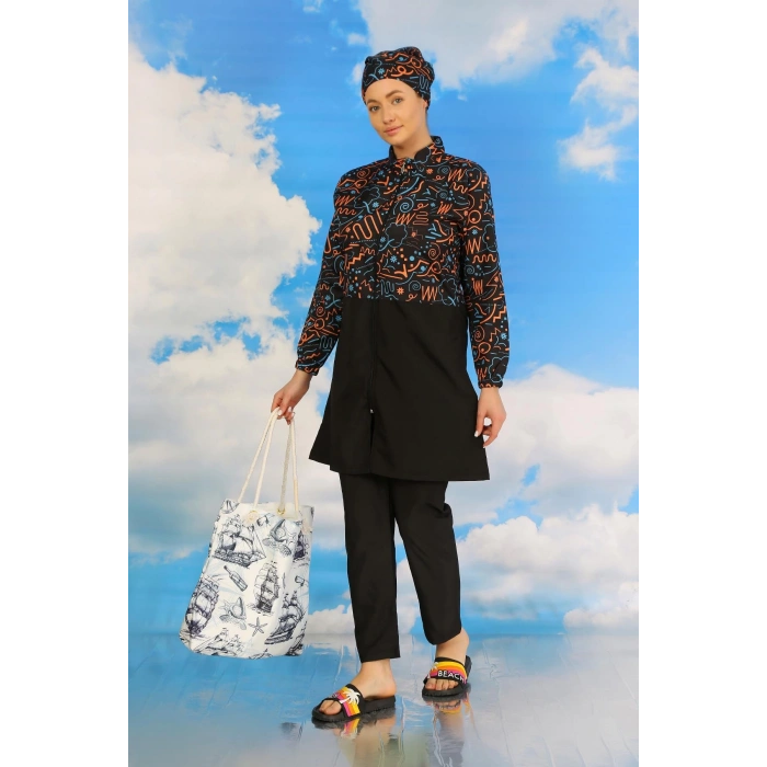 Moda Çizgi Kadın Pantolonlu Desenli Tam Tesettür Mayo Siyah 31075
