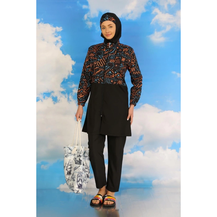 Moda Çizgi Kadın Pantolonlu Desenli Tam Tesettür Mayo Siyah 31075