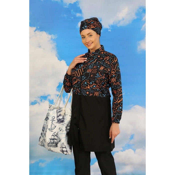 Moda Çizgi Kadın Pantolonlu Desenli Tam Tesettür Mayo Siyah 31075