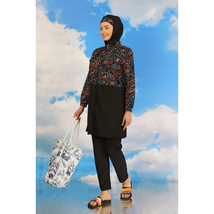 Moda Çizgi Kadın Pantolonlu Desenli Tam Tesettür Mayo Siyah 31075