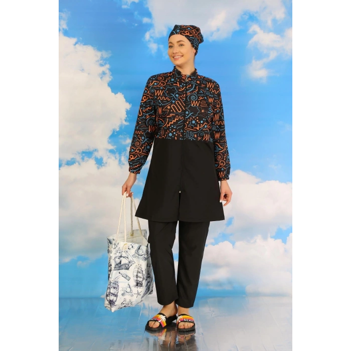 Moda Çizgi Kadın Pantolonlu Desenli Tam Tesettür Mayo Siyah 31075