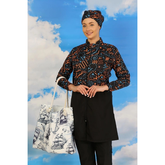 Moda Çizgi Kadın Pantolonlu Desenli Tam Tesettür Mayo Siyah 31075