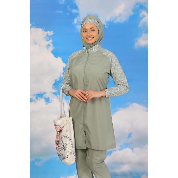 Moda Çizgi Kadın Pantolonlu Desenli Tam Tesettür Mayo Su Yeşili 31072